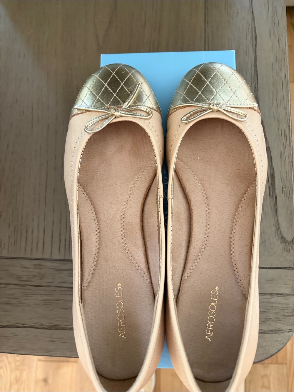 AEROSOLES Peach Ballet Flats with Gold Cap Toe